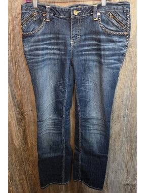 Coogi NYC Denim Blue Jeans Wmn Sz 15/16 (35x33) Studded Embellished Zipper Pkts